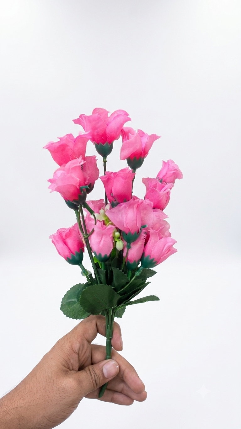 Artificial Pink Rose Bouquet 14 Heads, Realistic Faux Rose Flowers with Green Leaves & Flexible Stems, Decorative Flower Bunch for Home, Living Room, Bedroom, Office, Vase, Wedding & Event Decor