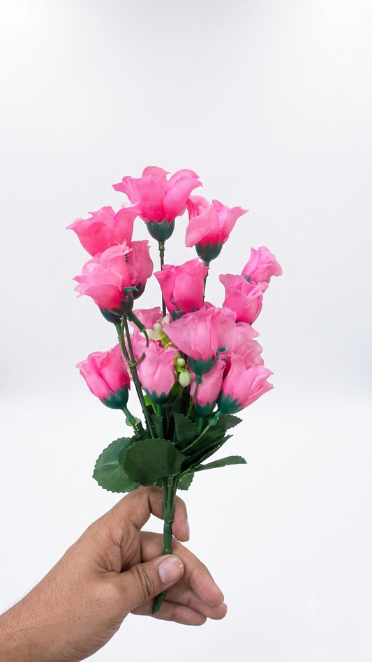 Artificial Pink Rose Bouquet 14 Heads, Realistic Faux Rose Flowers with Green Leaves & Flexible Stems, Decorative Flower Bunch for Home, Living Room, Bedroom, Office, Vase, Wedding & Event Decor