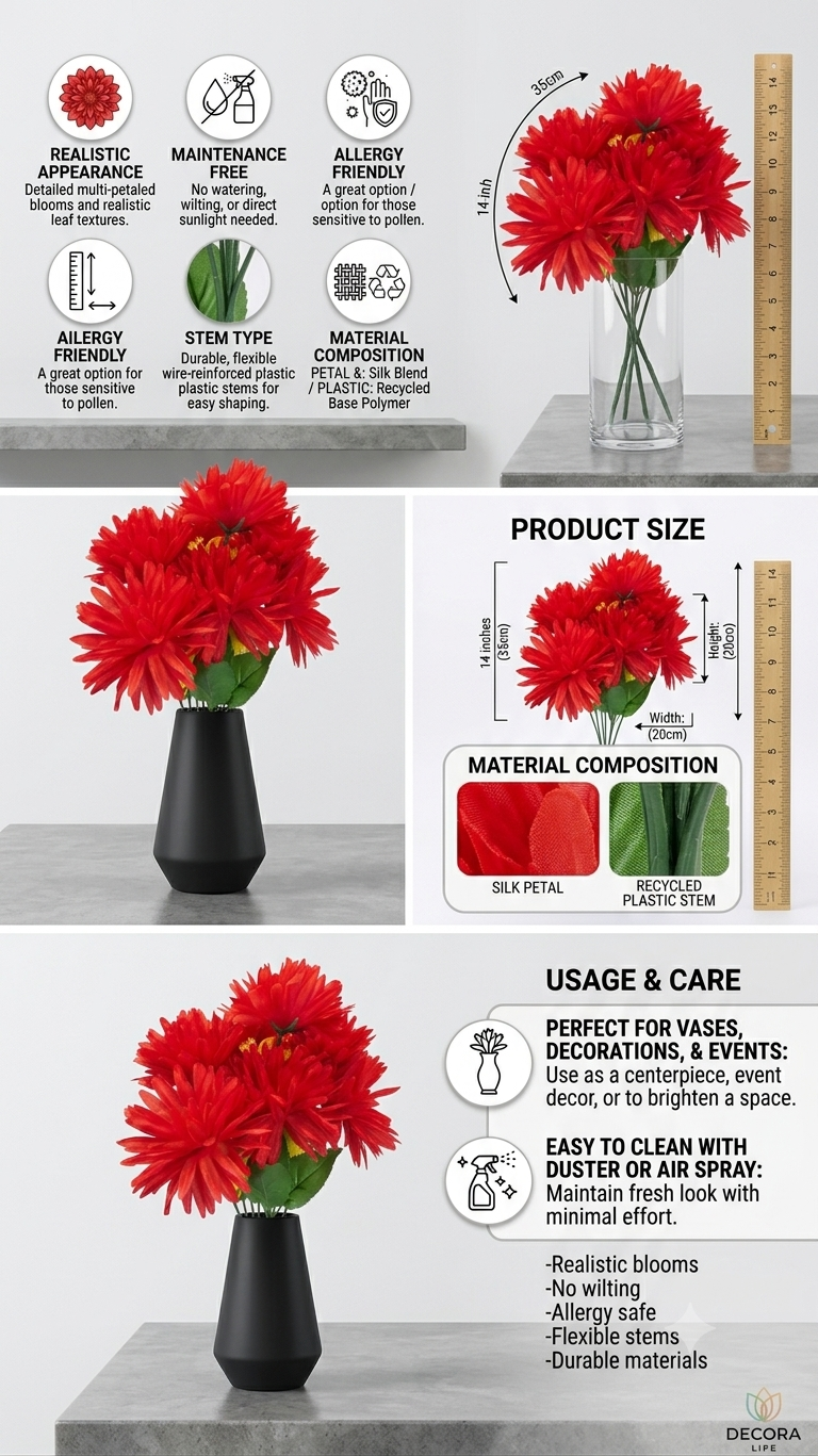 Artificial Red Dahlia Bouquet for Home Decoration, Realistic Faux Dahlia Flowers with Green Leaves, Maintenance-Free Decorative Flower Stems for Vase, Living Room, Bedroom, Office & Events