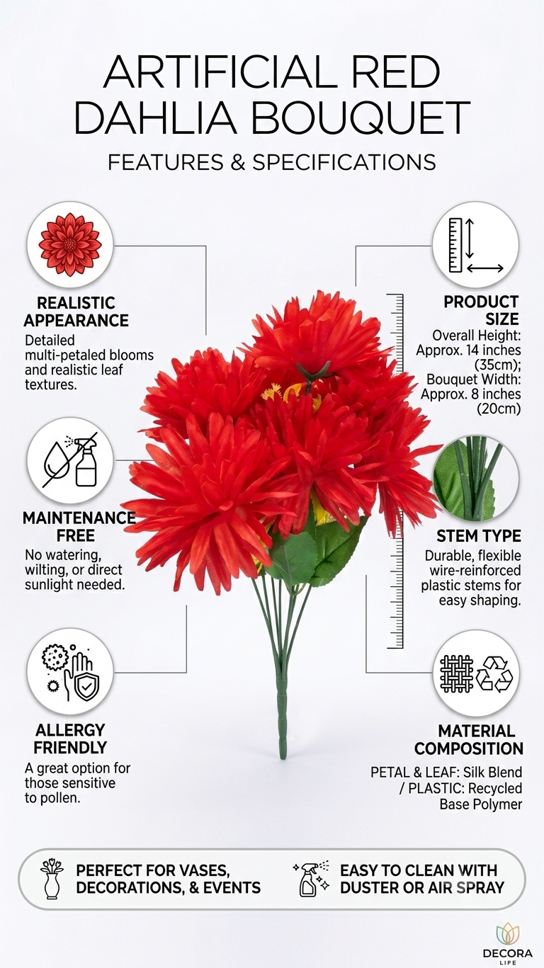 Artificial Red Dahlia Bouquet for Home Decoration, Realistic Faux Dahlia Flowers with Green Leaves, Maintenance-Free Decorative Flower Stems for Vase, Living Room, Bedroom, Office & Events