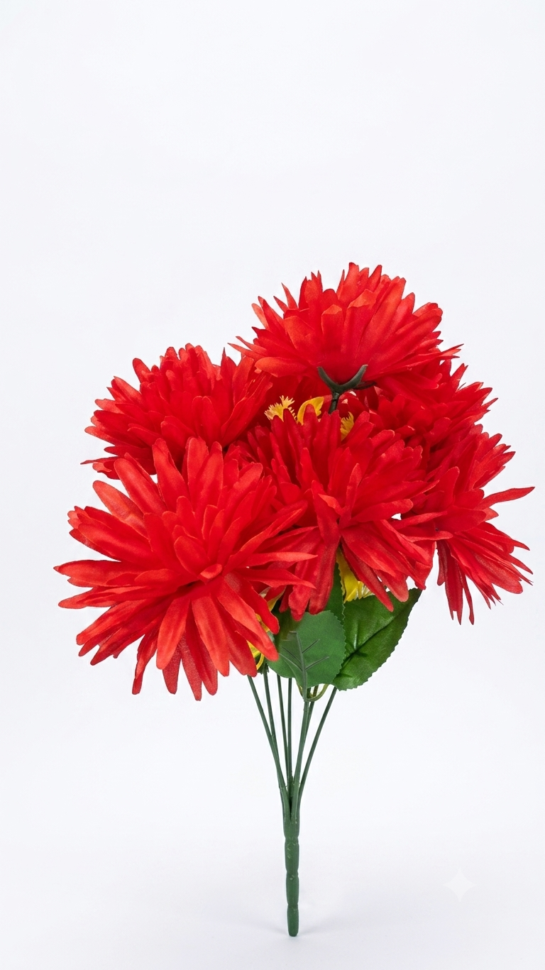 Artificial Red Dahlia Bouquet for Home Decoration, Realistic Faux Dahlia Flowers with Green Leaves, Maintenance-Free Decorative Flower Stems for Vase, Living Room, Bedroom, Office & Events