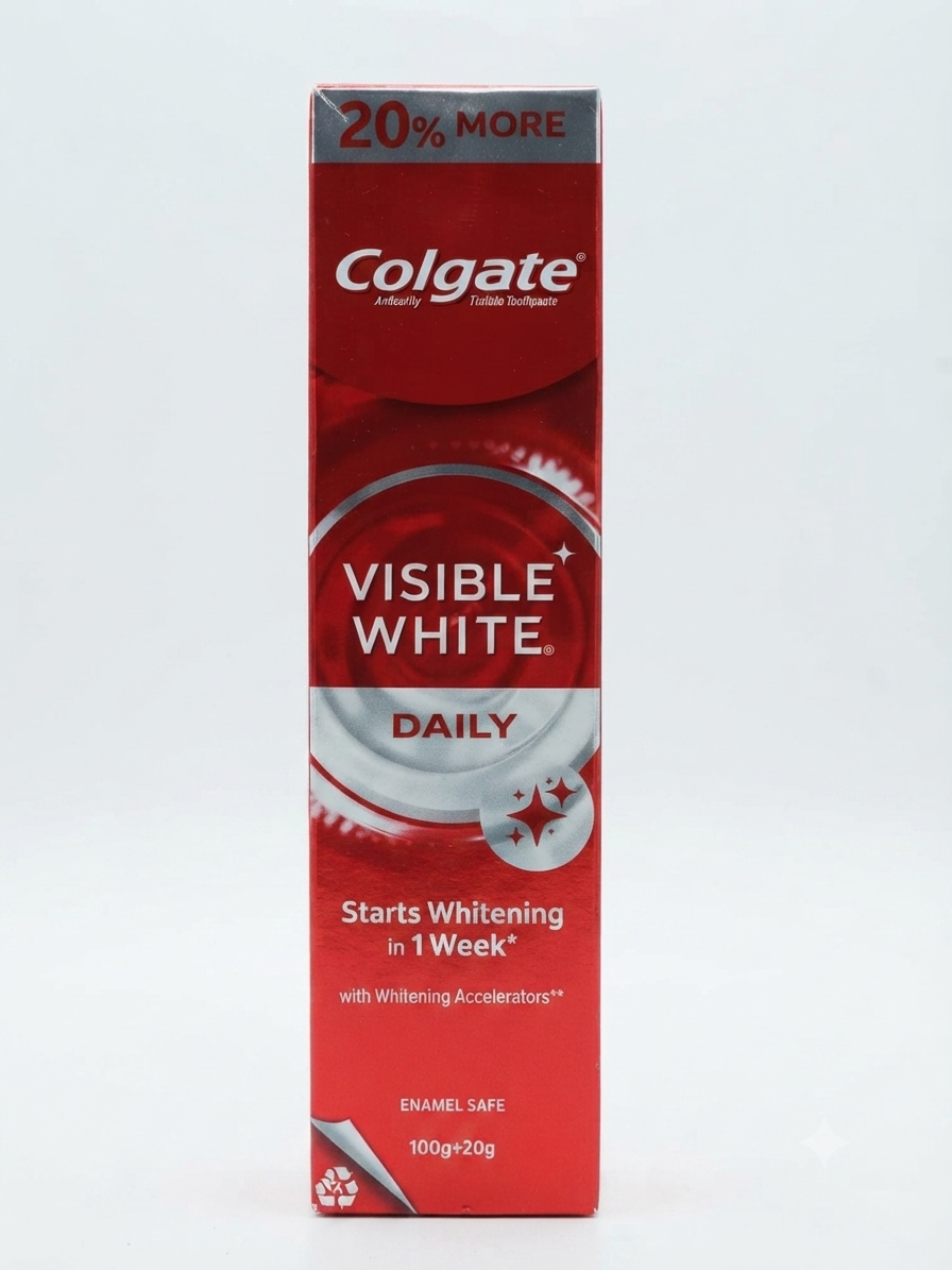 Colgate Visible White Daily Whitening Toothpaste, 20% More Product, Whitening Accelerators, Starts Whitening in 1 Week, Enamel Safe Formula for Daily Use, 120g