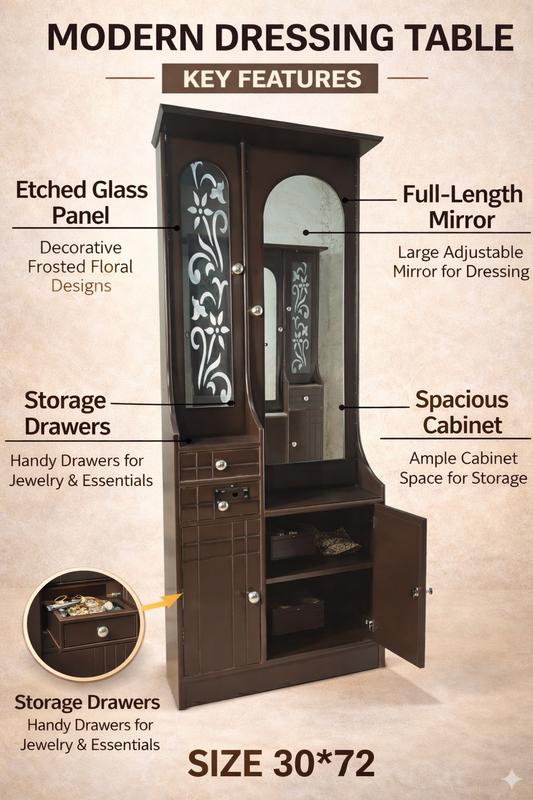 Modern Wooden Dressing Table with Full-Length Mirror & Storage
