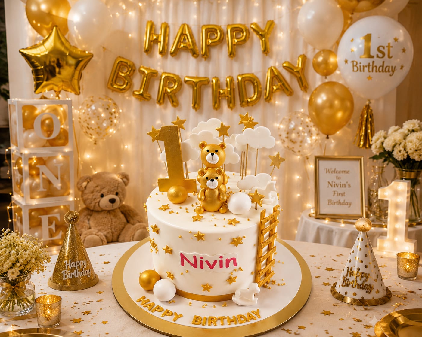 Freshly Baked 1.5 KG Teddy Bear First Birthday Cake | Personalized Name Fresh Cream & Fondant Cake | Custom Flavors (Vanilla, Chocolate, Butterscotch, Black Forest, Pineapple) | Serves 15–20 People