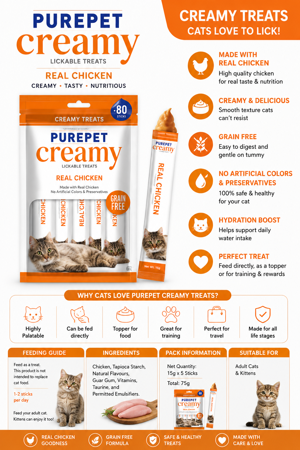 ( 1 peace ) Purepet Creamy Likable Cat Treats, Real Chicken Flavor, Grain Free Wet Cat Snack, High Protein Creamy Puree for Adult Cats & Kittens, 15g x 5 Sticks