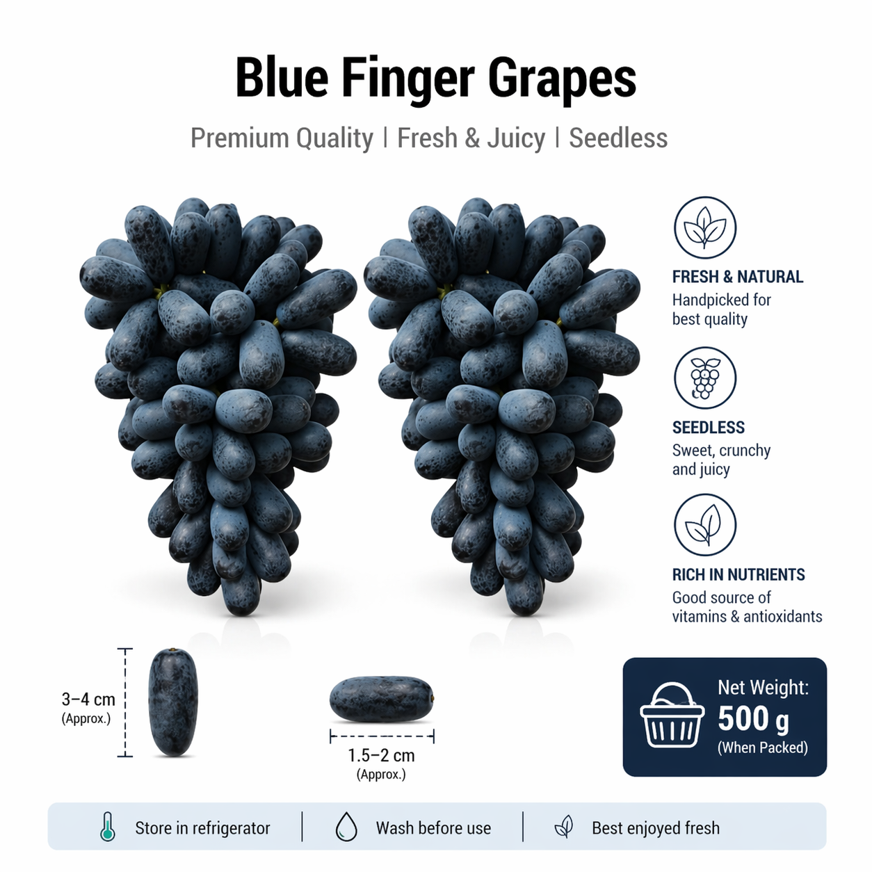 Seedless Black Finger Grapes Fresh Premium Sweet Juicy Farm Picked Fruit ( 200 grams )