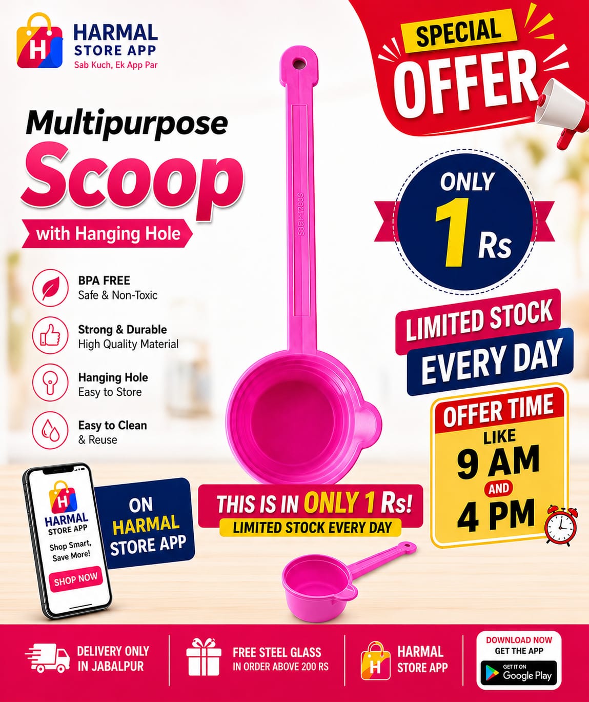 Multipurpose Plastic Scoop with Long Handle & Hanging Hole | BPA-Free Kitchen Measuring & Serving Spoon for Flour, Grains, Sugar, Laundry Powder & Pet Food (Pink)