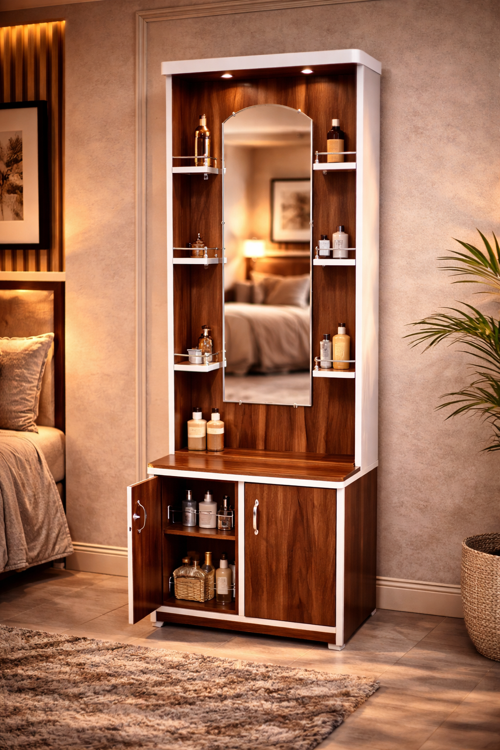 Modern Dressing Table with Mirror & Storage Cabinet | Wooden Vanity Table with Side Shelves