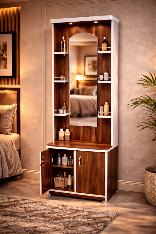 Modern Dressing Table with Mirror & Storage Cabinet | Wooden Vanity Table with Side Shelves