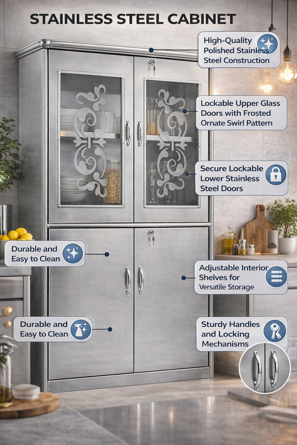 WOOD Kitchen Storage Cabinet with Glass Doors & Lock | Modular WOODEN Almirah for Home, Kitchen, Office
