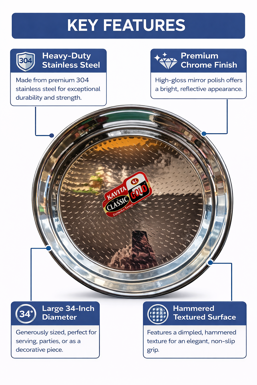 Kavita Classic Gold 34 Inch Stainless Steel Serving Tray | Heavy Duty Round Steel Plate
