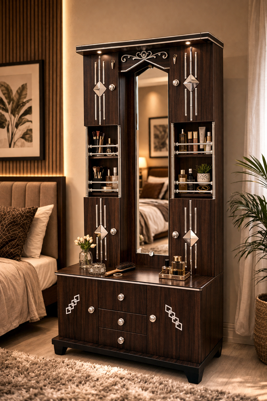 Luxury Dark Walnut Dressing Table with Mirror & Storage | Wooden Vanity Table with Drawers & Shelves