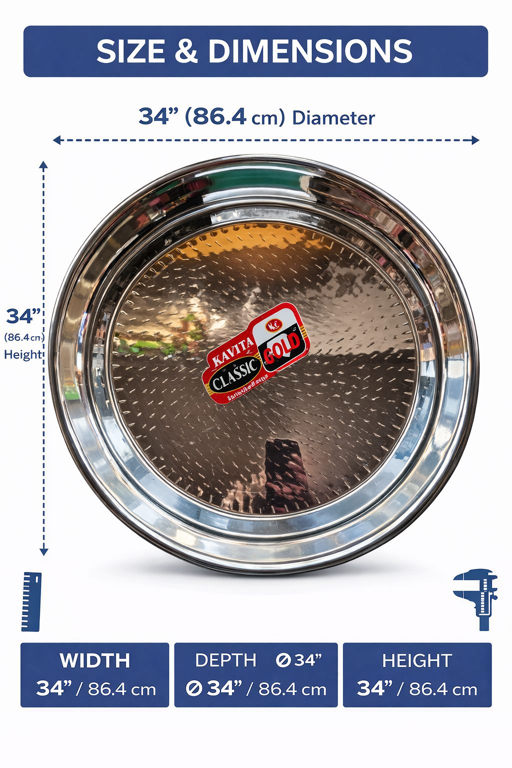 Kavita Classic Gold 34 Inch Stainless Steel Serving Tray | Heavy Duty Round Steel Plate