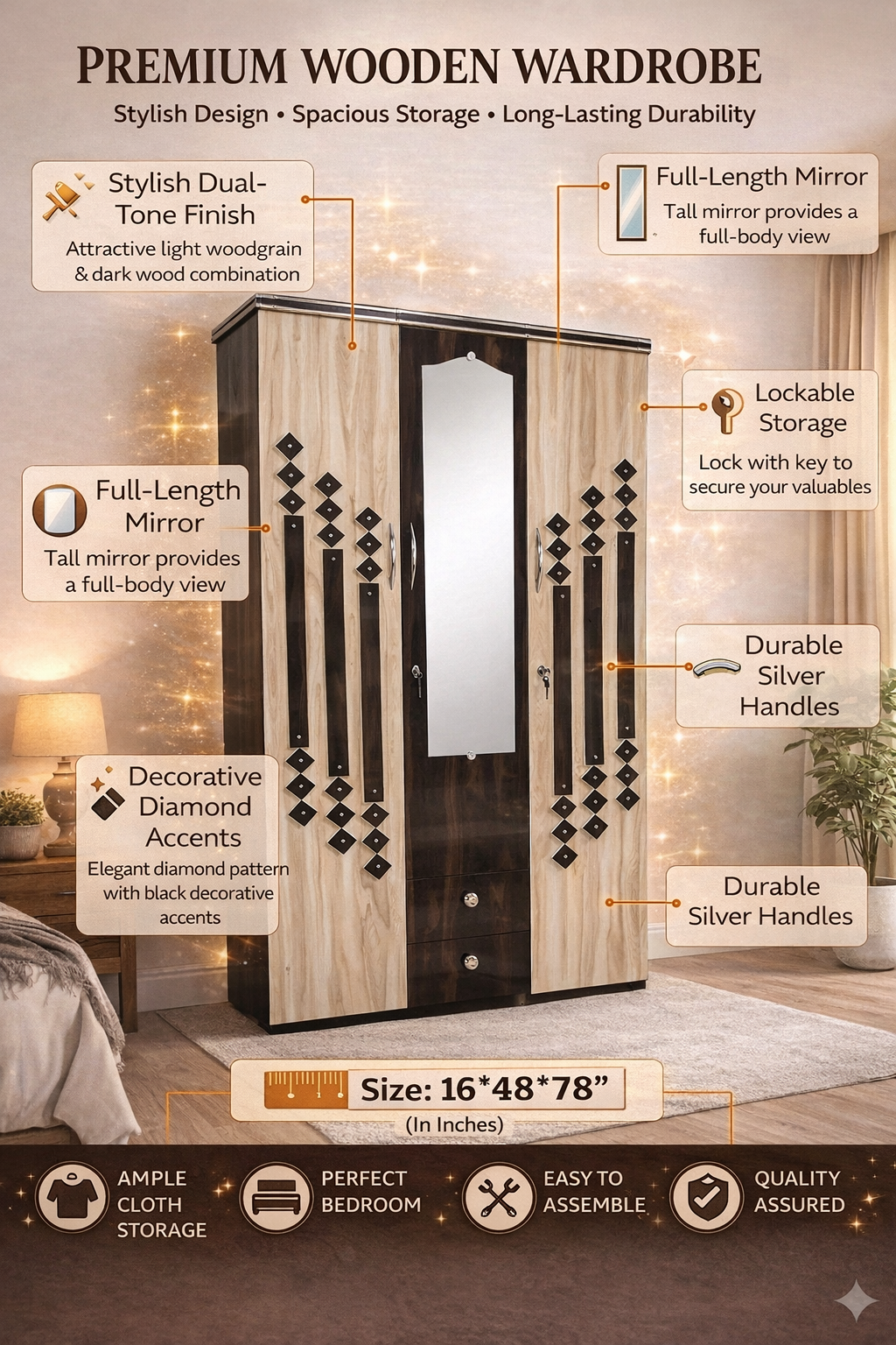 Wooden 3 Door Wardrobe with Mirror | 16x48x78 Inch Almirah | Dual Tone Cupboard with Lock & Drawers