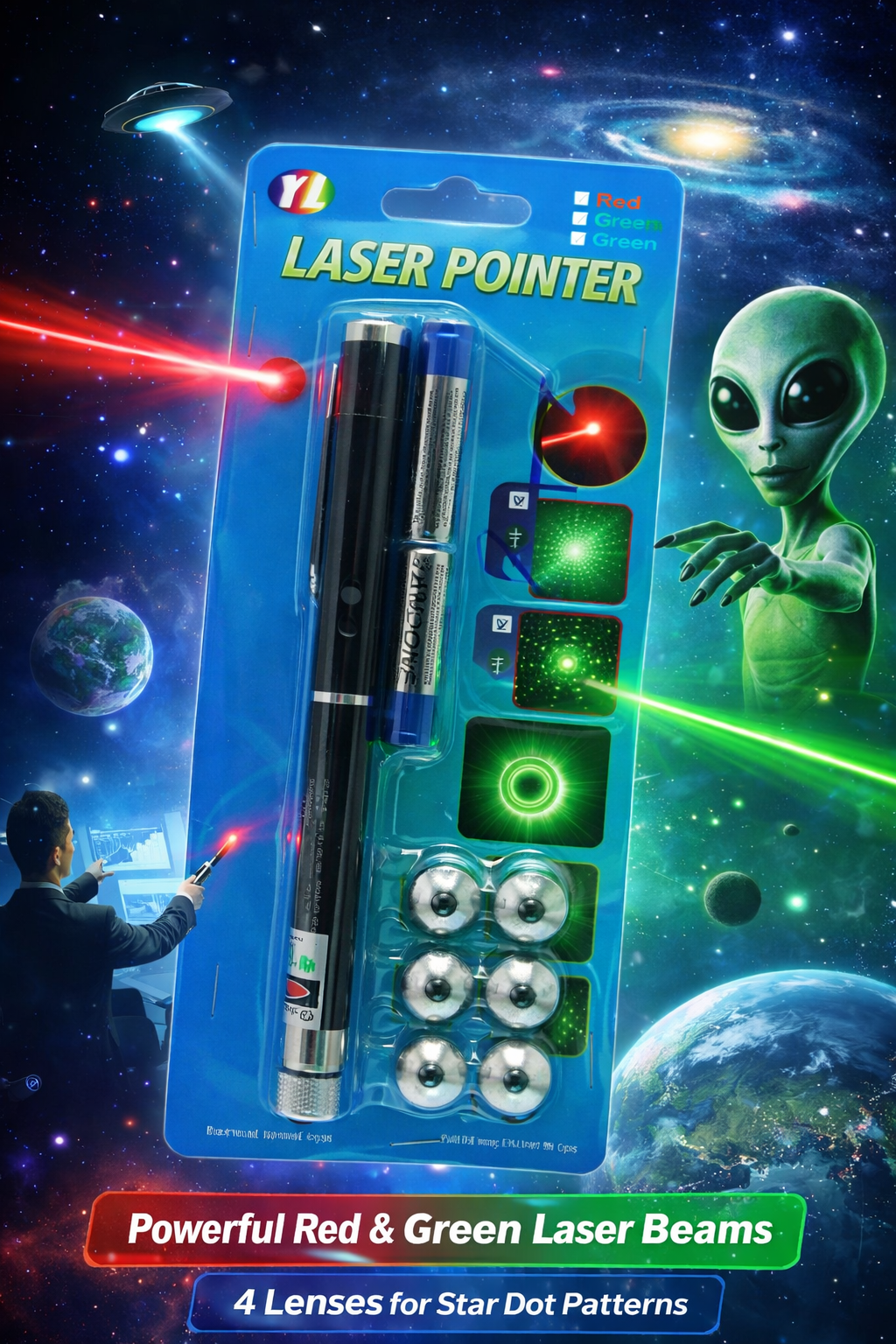 Laser Pointer Pen with 5 Star Caps | Red & Green Laser Light | Long Range Beam Pointer