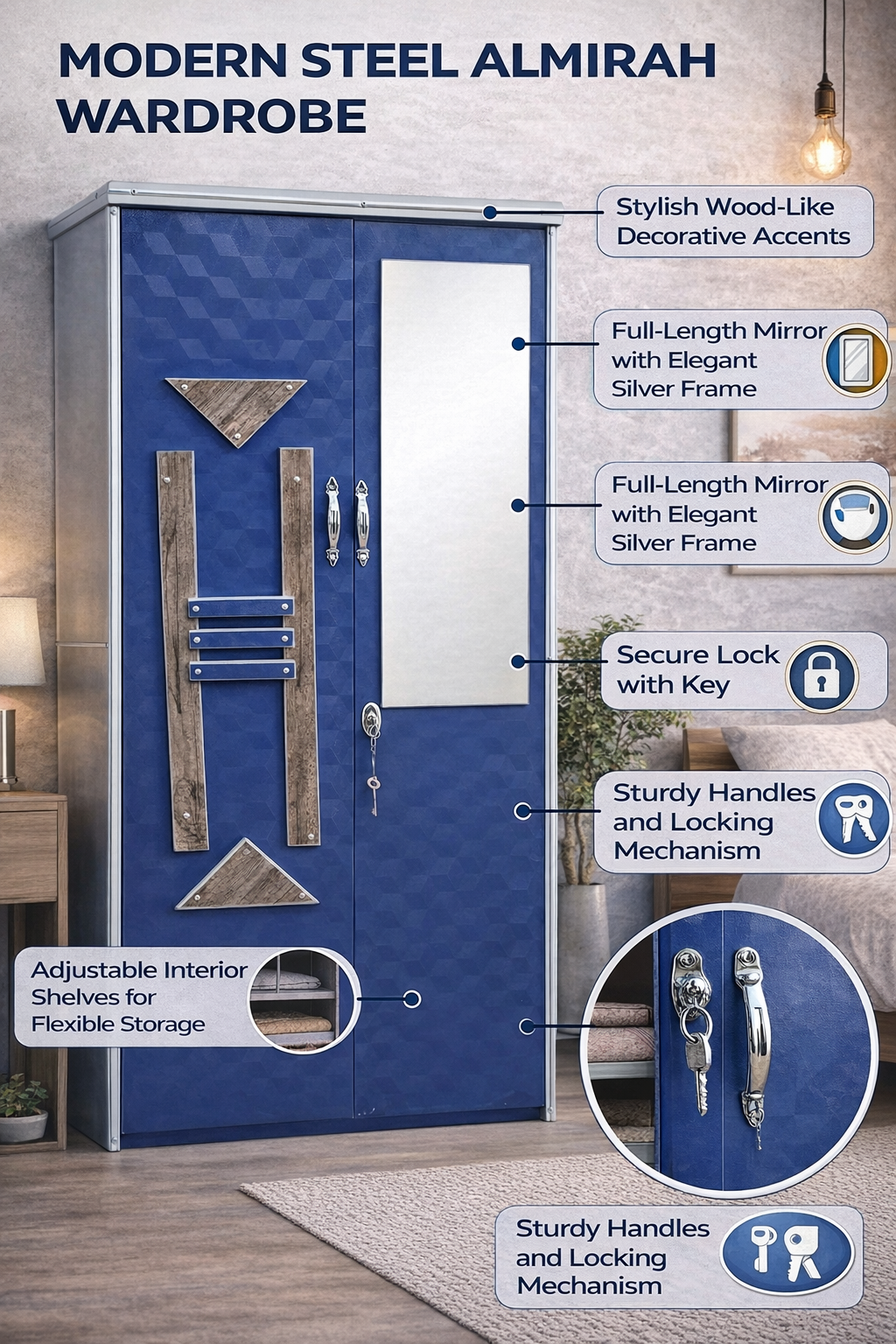 Blue Steel Almirah Wardrobe with Mirror & Lock | Designer Metal Cupboard for Bedroom