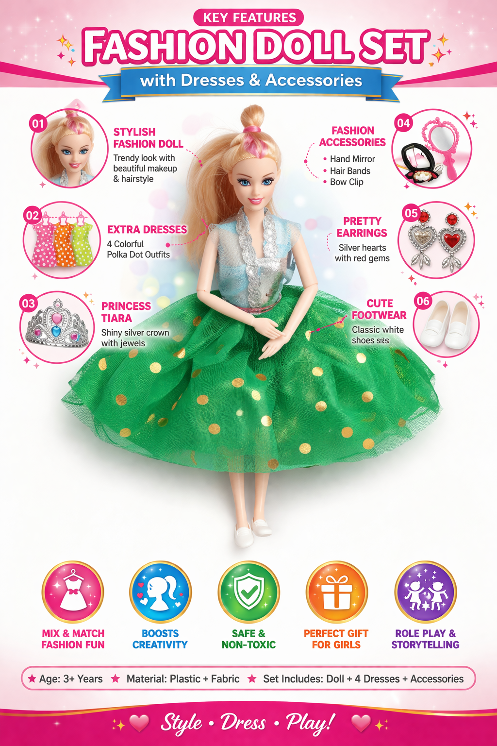 Fashion Doll Set for Girls with Dresses & Accessories – Dress Up Doll Kit with Extra Outfits