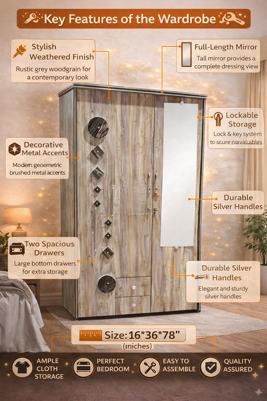 Wooden 2 Door Wardrobe with Mirror | 16x36x78 Inch Almirah | Rustic Grey Cupboard with Lock & Drawer