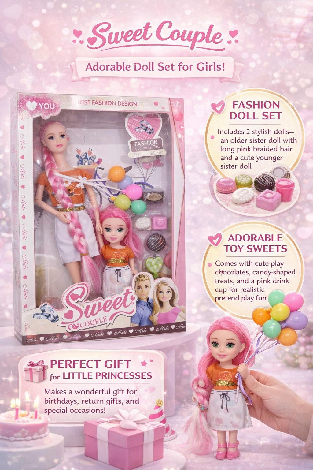 Sweet Couple Doll Set for Girls with 2 Dolls, Accessories & Pretend Play Items, Sister Doll Set with Long Hair & Cute Mini Doll, Kids Gift Toy for Girls Age 3+ (Multicolor)