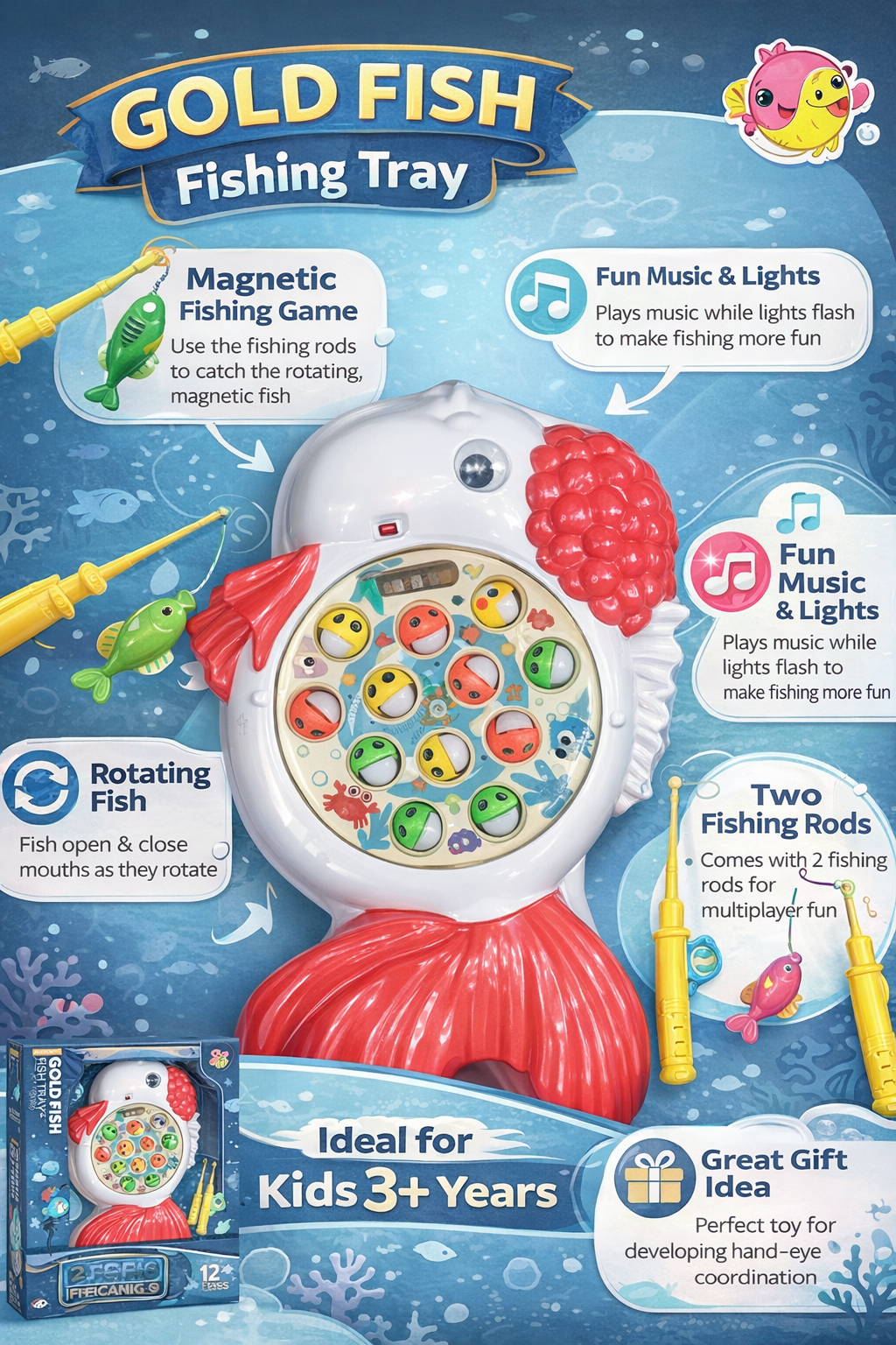Gold Fish Fishing Game Toy for Kids 3+ Years | Rotating Musical Fishing Tray with Magnetic Fish & Rods