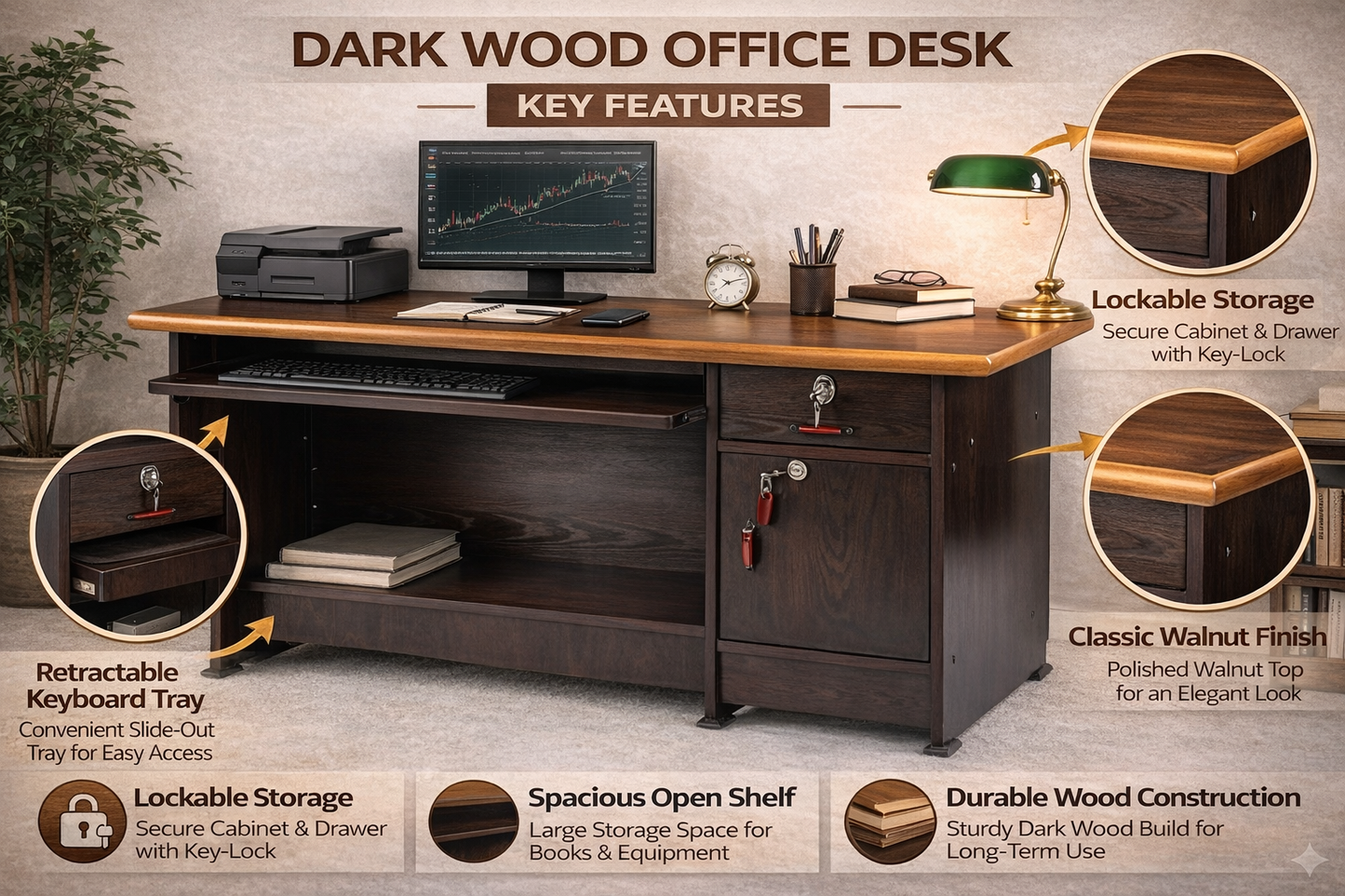Wooden Office Desk with Lockable Storage & Keyboard Tray | Computer Table for Home Office