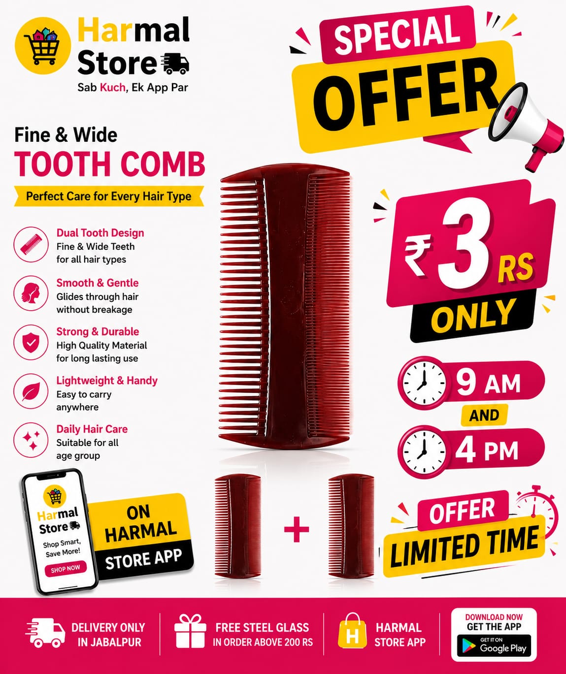 Fine & Wide Tooth Hair Comb | Dual Teeth Hair Comb for Men, Women & Kids | Anti-Static Plastic Comb | Detangling & Styling Comb