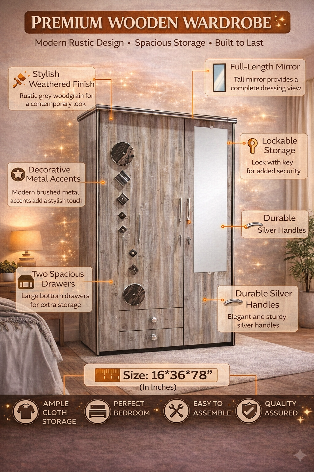 Wooden 2 Door Wardrobe with Mirror | 16x36x78 Inch Almirah | Rustic Grey Cupboard with Lock & Drawer