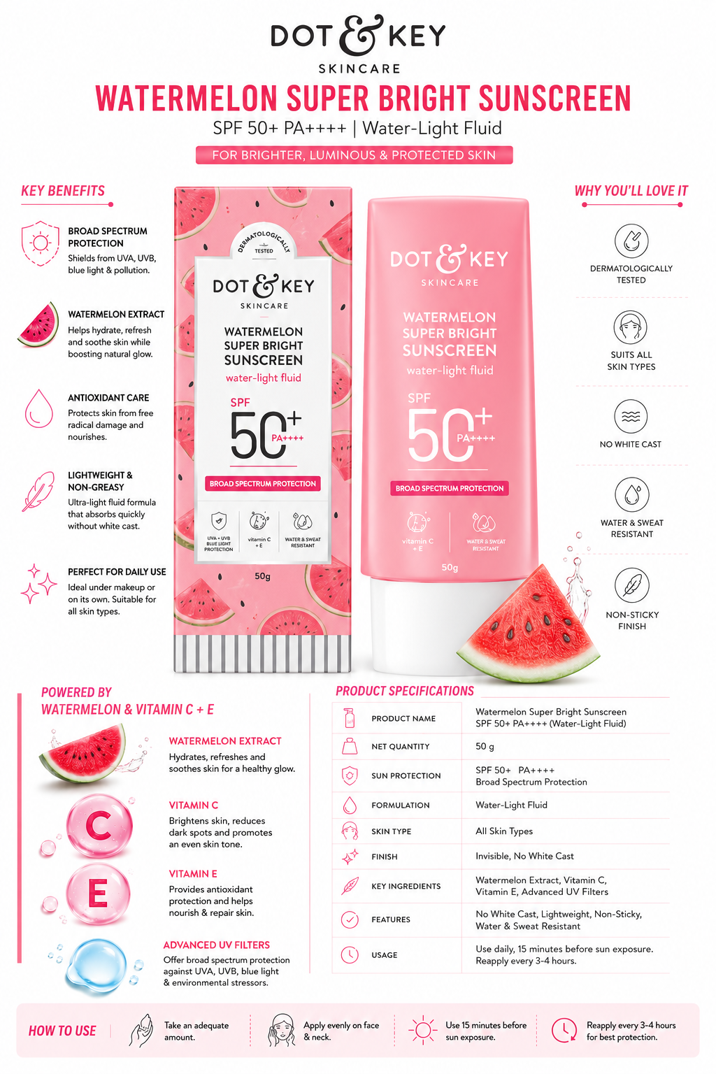 Dot & Key Watermelon Super Bright Sunscreen SPF 50+ PA++++ | Water-Light Fluid Sunscreen | Broad Spectrum UVA/UVB Protection | Hydrating Formula | No White Cast | Lightweight & Non-Sticky | 50g