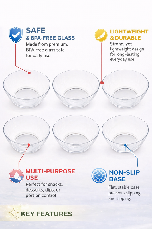 Clear Glass Bowls Set of 6 – Transparent Serving Bowls for Snacks, Desserts & Dips – Durable, Lightweight, Multipurpose Kitchen Bowls for Home & Dining