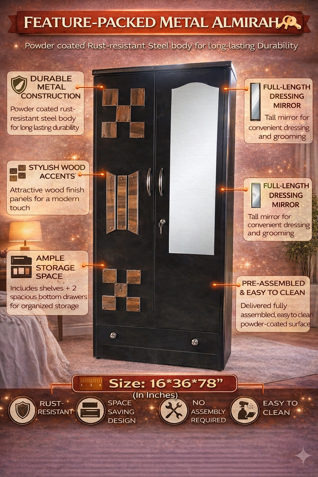 Steel Almirah 2 Door with Mirror | 16x36x78 Inch Metal Wardrobe | Lockable Storage Cupboard with Drawers