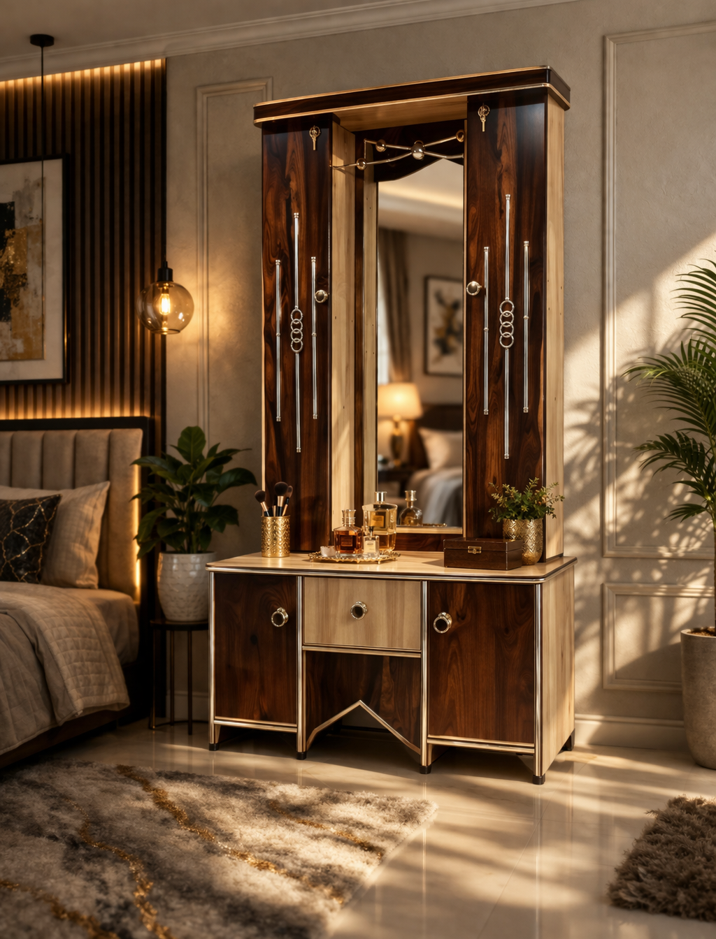 Luxury Wooden Dressing Table with Mirror & Storage | Premium Vanity Table with Drawers & Cabinet