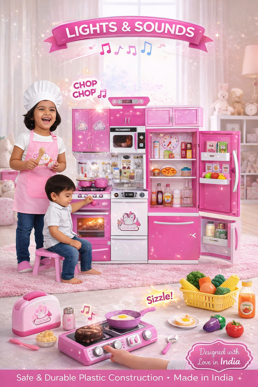 Kids Kitchen Set Toy for Girls & Boys | Pink Pretend Play Cooking Set with Lights & Sounds