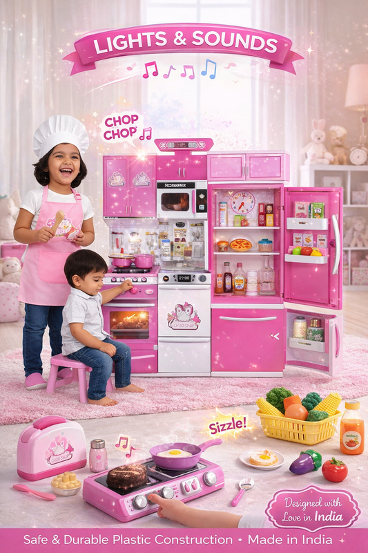 Kids Kitchen Set Toy for Girls & Boys | Pink Pretend Play Cooking Set with Lights & Sounds
