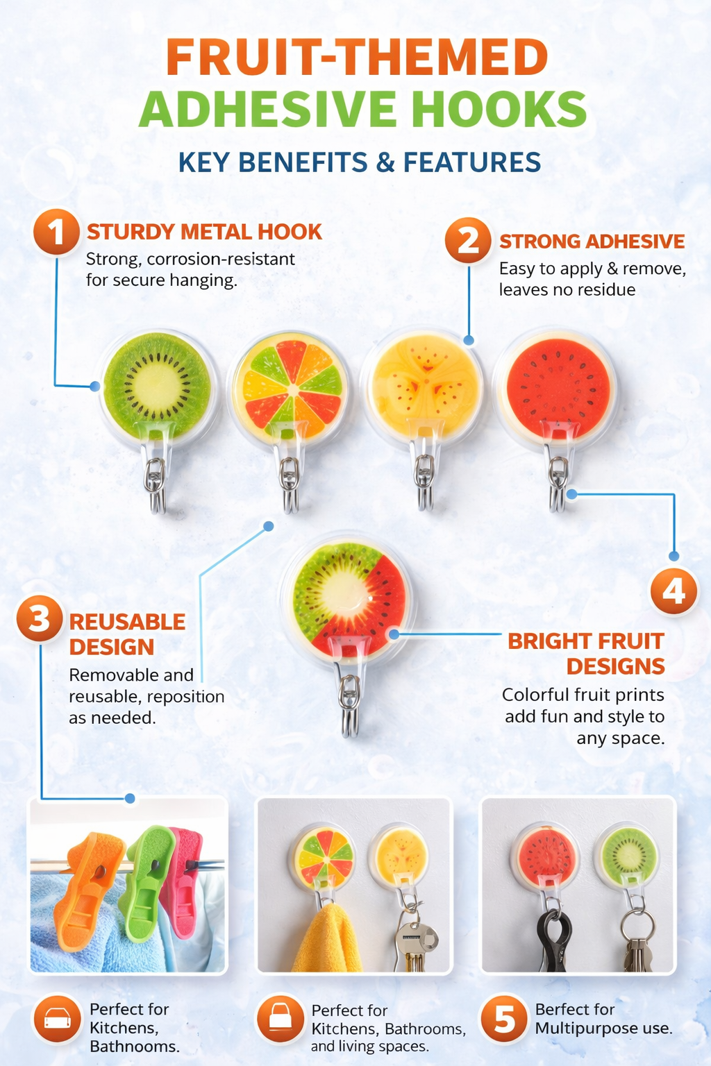 Self Adhesive Wall Hooks Set of 5 | Strong Sticky Hooks for Kitchen & Bathroom