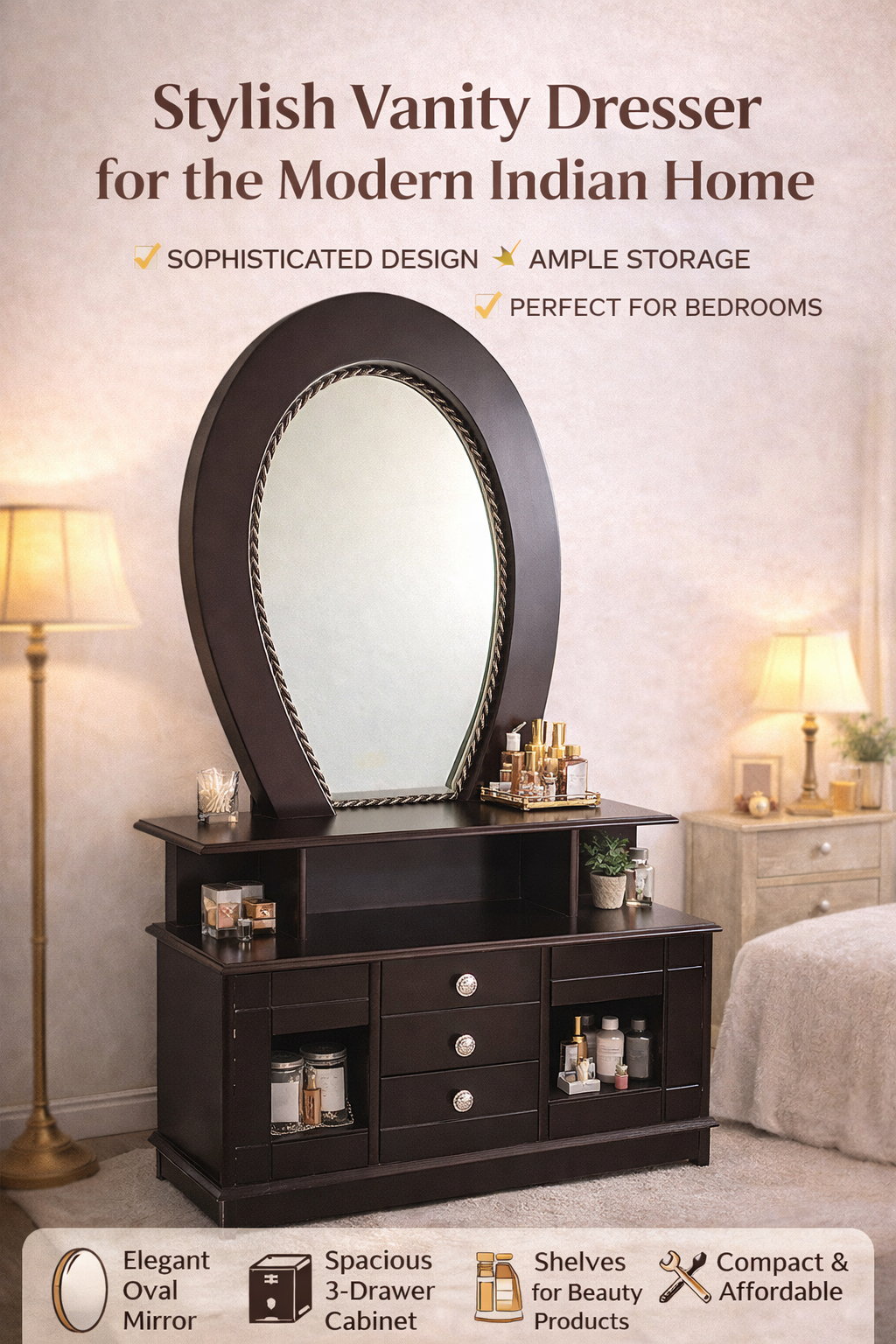 Wooden Dressing Table with Oval Mirror & 3-Drawer Storage | Modern Vanity Dresser with Shelves & Cabinet | Bedroom Furniture (Dark Walnut Finish)