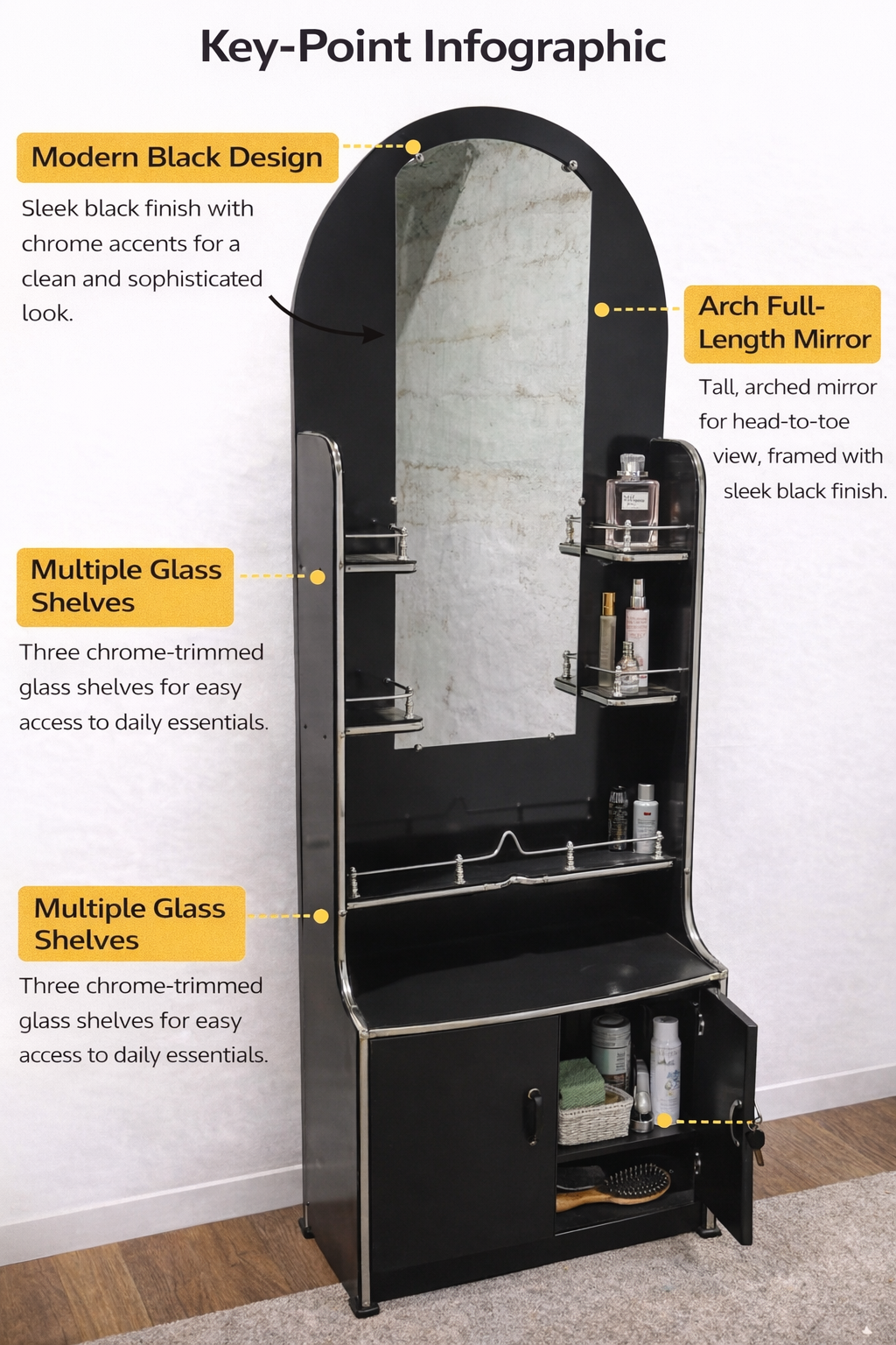 Modern Black Dressing Table with Full-Length Arch Mirror | Makeup Vanity with Glass Shelves & Storage Cabinet