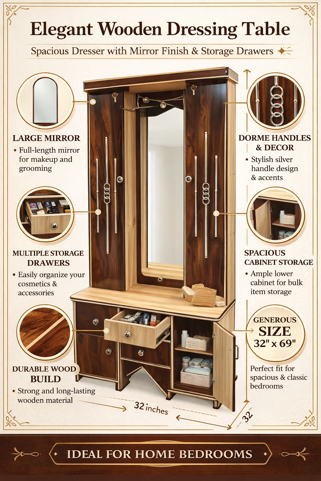 Luxury Wooden Dressing Table with Mirror & Storage | Premium Vanity Table with Drawers & Cabinet