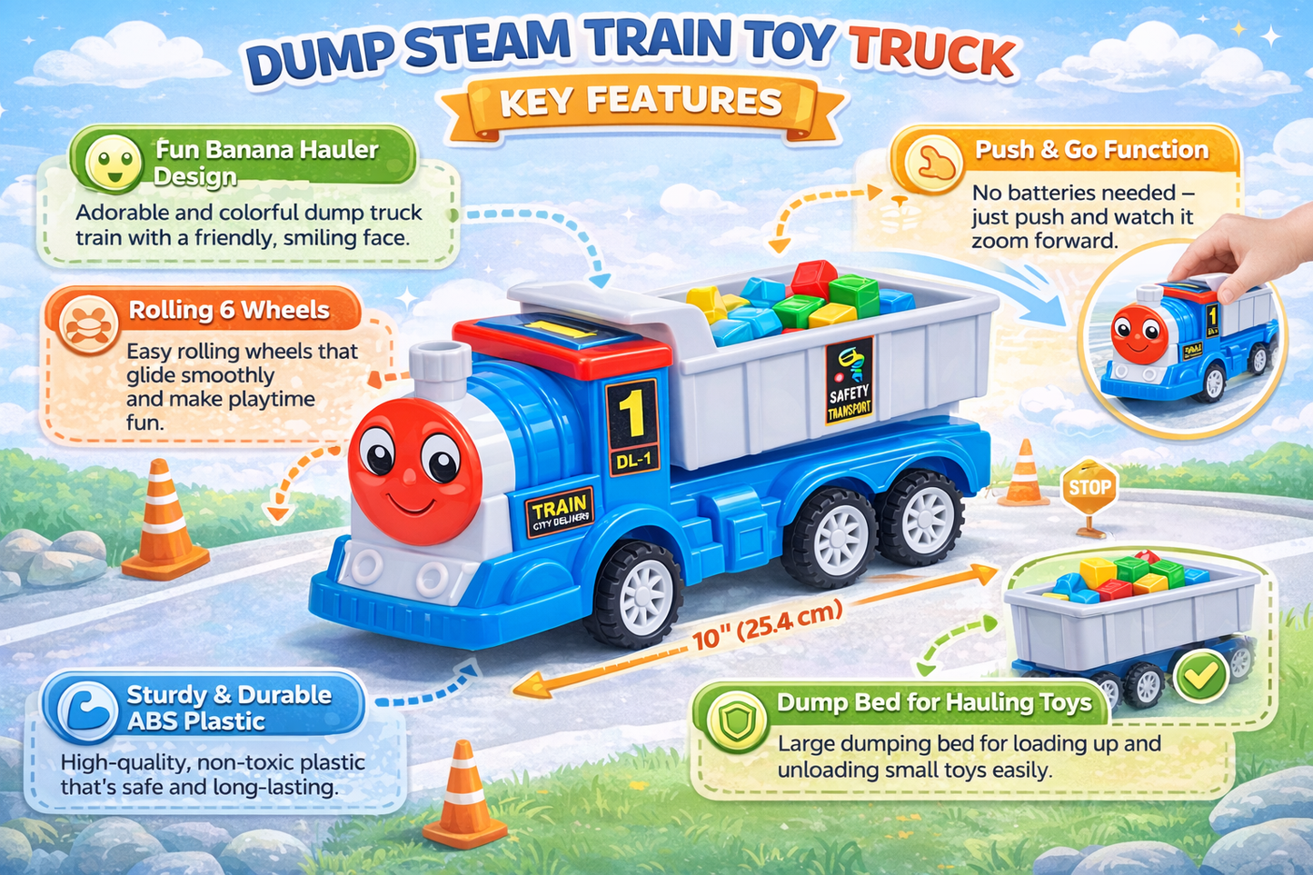 Train Dump Truck Toy for Kids, Push & Go Construction Vehicle with 6 Wheels, Dump Bed, Durable Plastic Toy, Fun Gift for Boys & Girls (3+ Years)