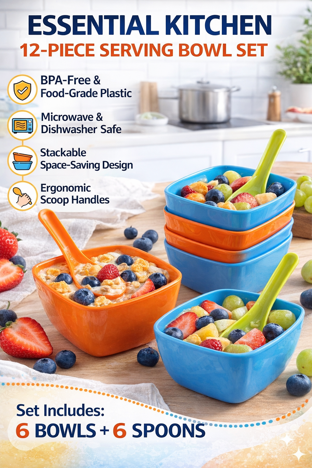 12-Piece Kitchen Serving Bowl Set with Spoons – BPA-Free Plastic Snack & Dessert Bowls, Stackable Space-Saving Design, Microwave & Dishwasher Safe, Multicolor (Orange & Blue)