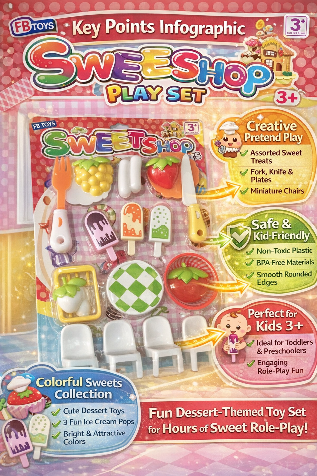 Sweet Shop Play Set Toy for Kids 3+, Pretend Play Dessert & Kitchen Set with Ice Cream, Fruits, Utensils & Chairs