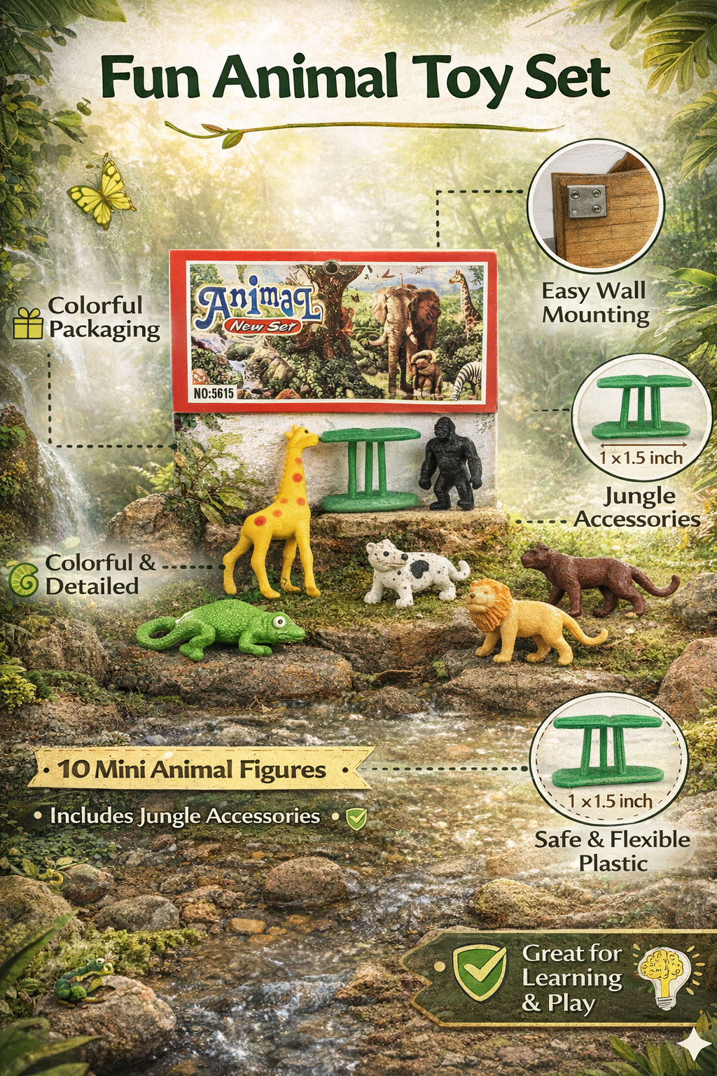 Mini Animal Toy Set for Kids – 10 PCS Jungle Animal Figures with Accessories, Educational Learning Toys, Safe Plastic Miniatures for Boys & Girls