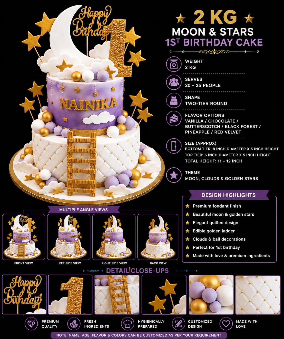 Freshly Baked 1.5 KG Teddy Bear First Birthday Cake | Personalized Name Fresh Cream & Fondant Cake | Custom Flavors (Vanilla, Chocolate, Butterscotch, Black Forest, Pineapple) | Serves 15–20 People
