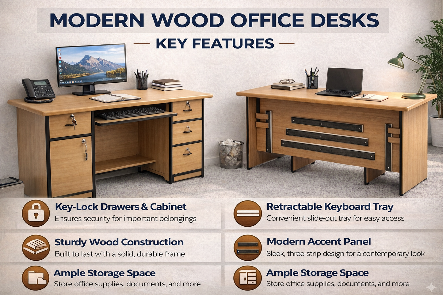 Modern Wooden Office Desk with Storage & Keyboard Tray Office Table with Lockable Drawers & Cabinet