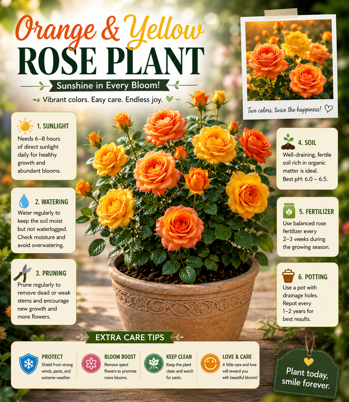 A vibrant combination of orange and yellow blooms that brings warmth, happiness, and beauty to any garden, balcony, patio, or indoor space.