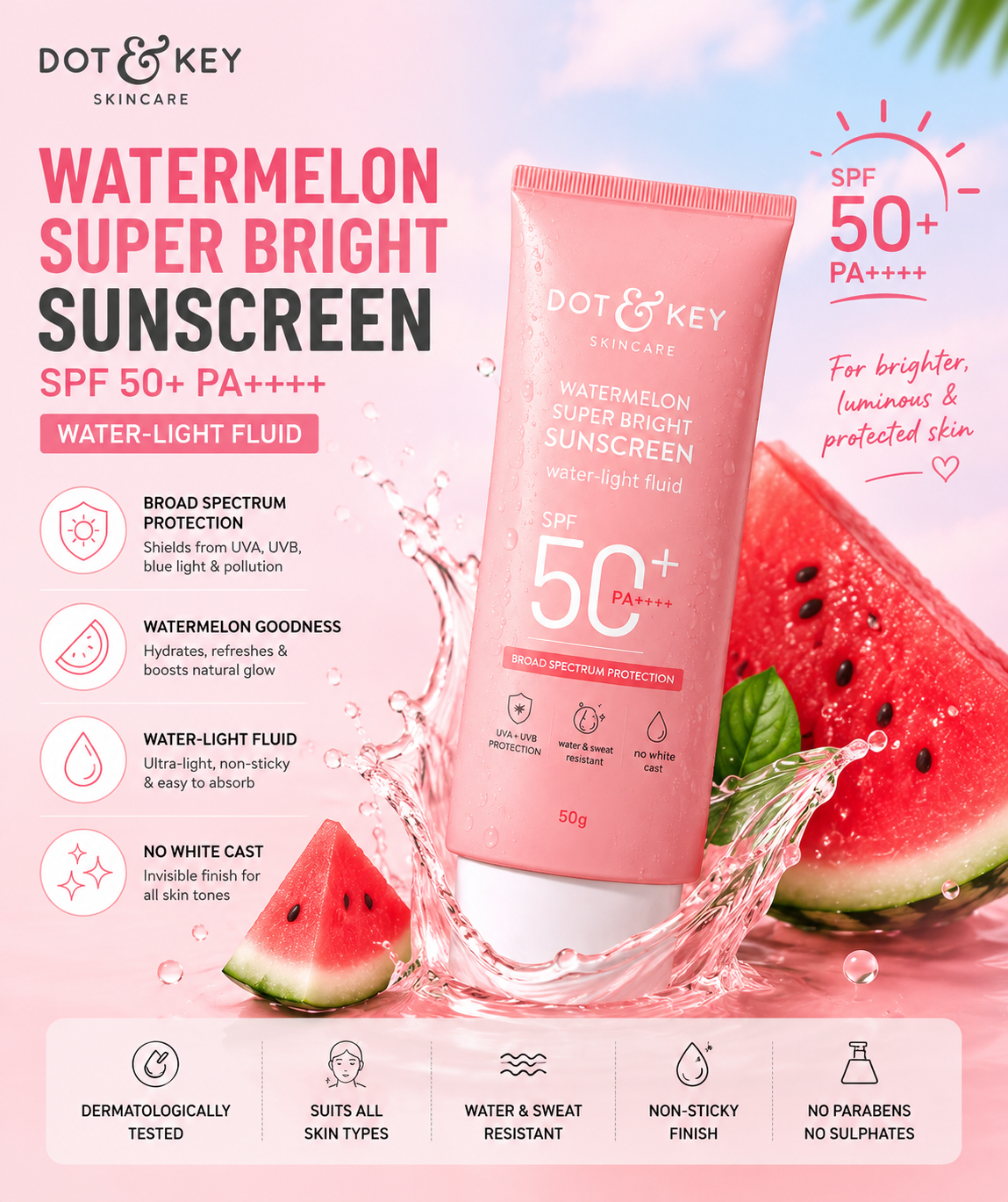 Dot & Key Watermelon Super Bright Sunscreen SPF 50+ PA++++ | Water-Light Fluid Sunscreen | Broad Spectrum UVA/UVB Protection | Hydrating Formula | No White Cast | Lightweight & Non-Sticky | 50g