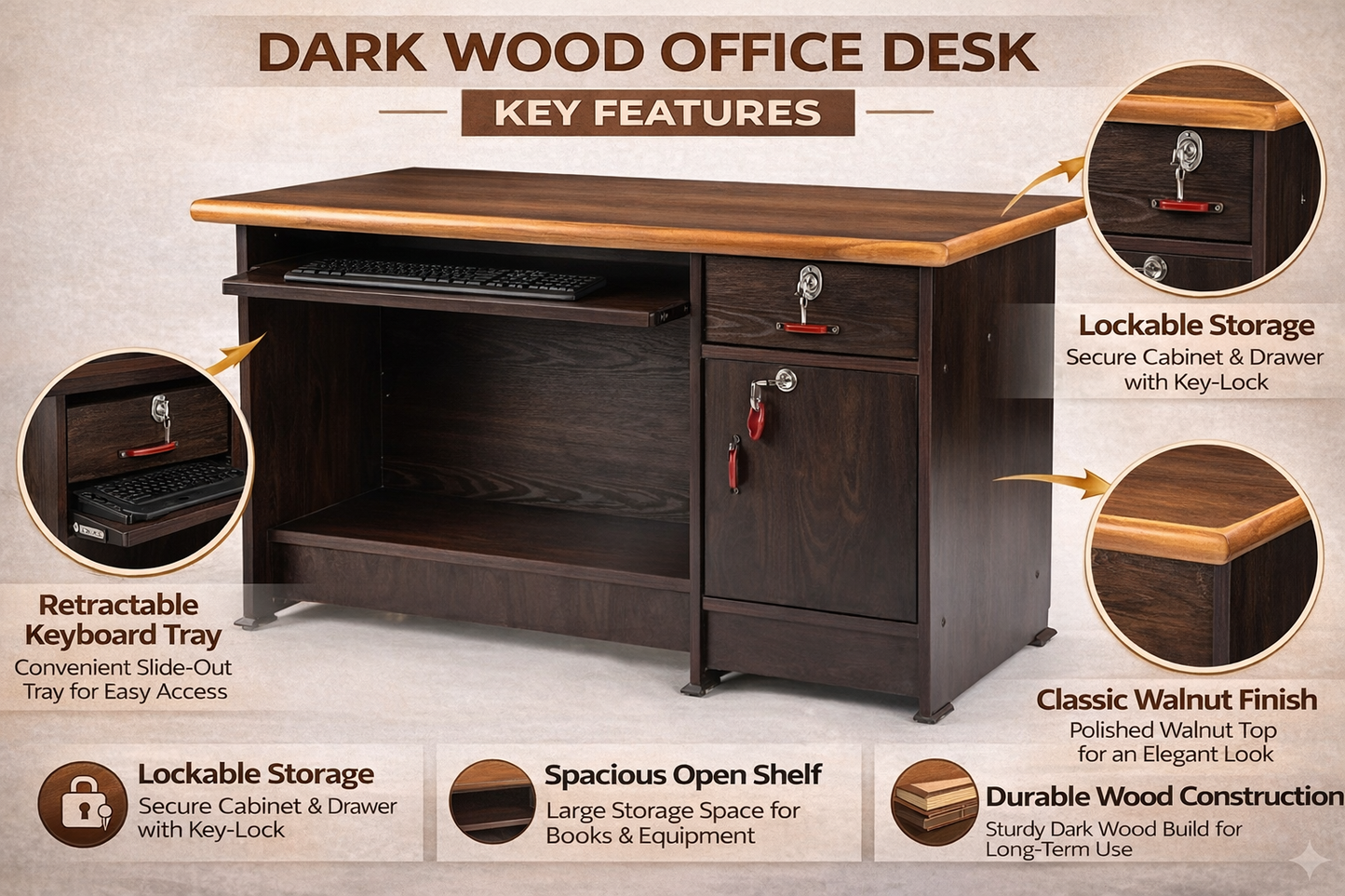 Wooden Office Desk with Lockable Storage & Keyboard Tray | Computer Table for Home Office