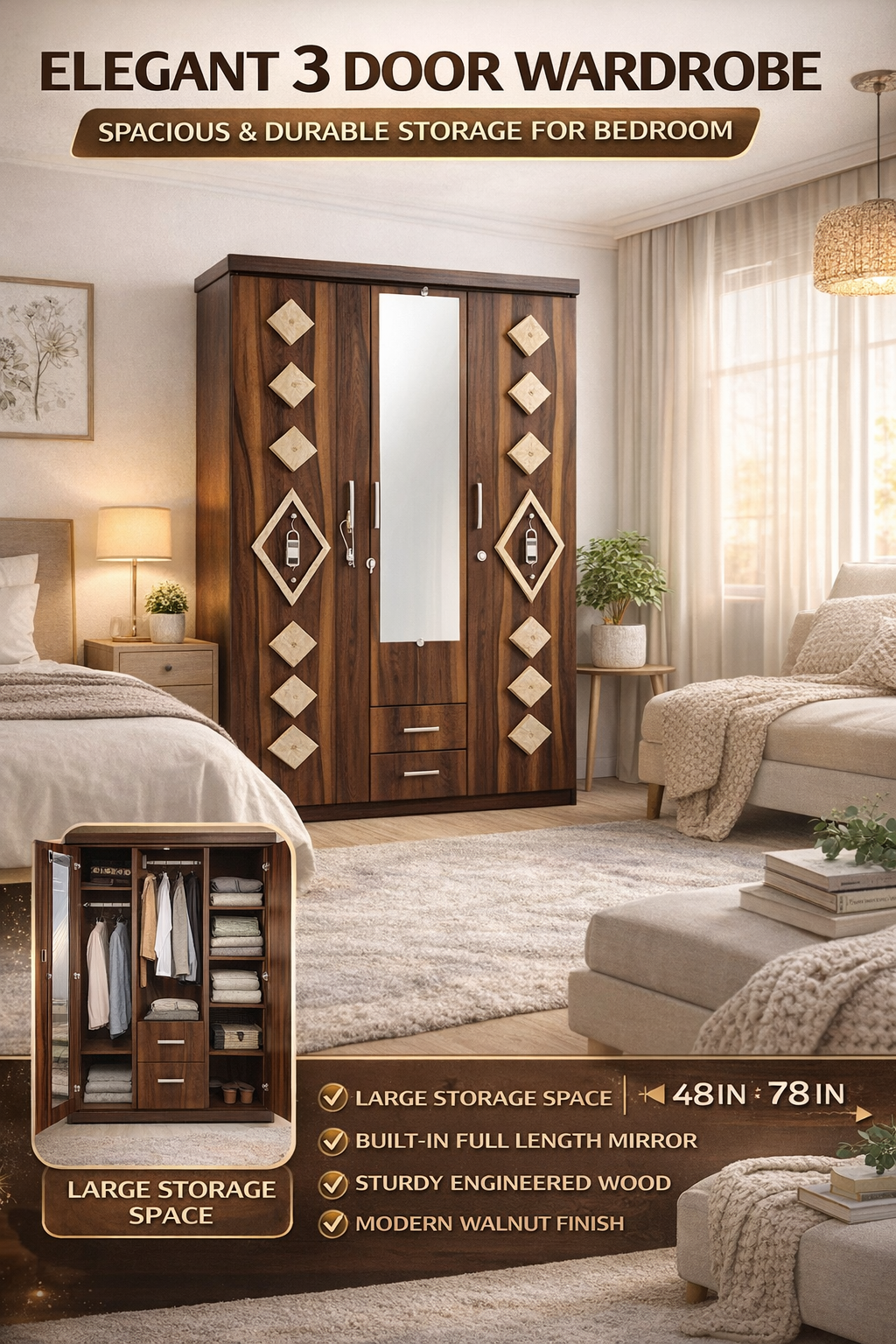 3 Door Wooden Wardrobe with Mirror | Walnut Finish Bedroom Almirah | Spacious Storage Closet with Drawers & Shelves | Modern Furniture | 48x78 Inches