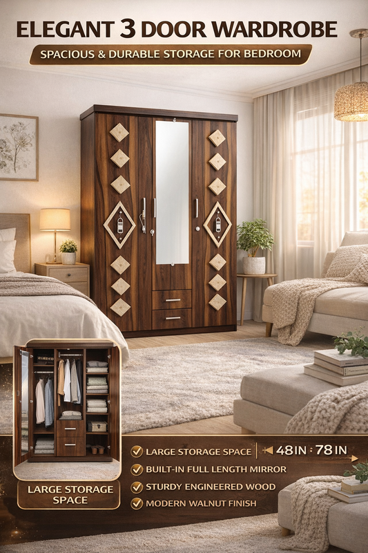 3 Door Wooden Wardrobe with Mirror | Walnut Finish Bedroom Almirah | Spacious Storage Closet with Drawers & Shelves | Modern Furniture | 48x78 Inches