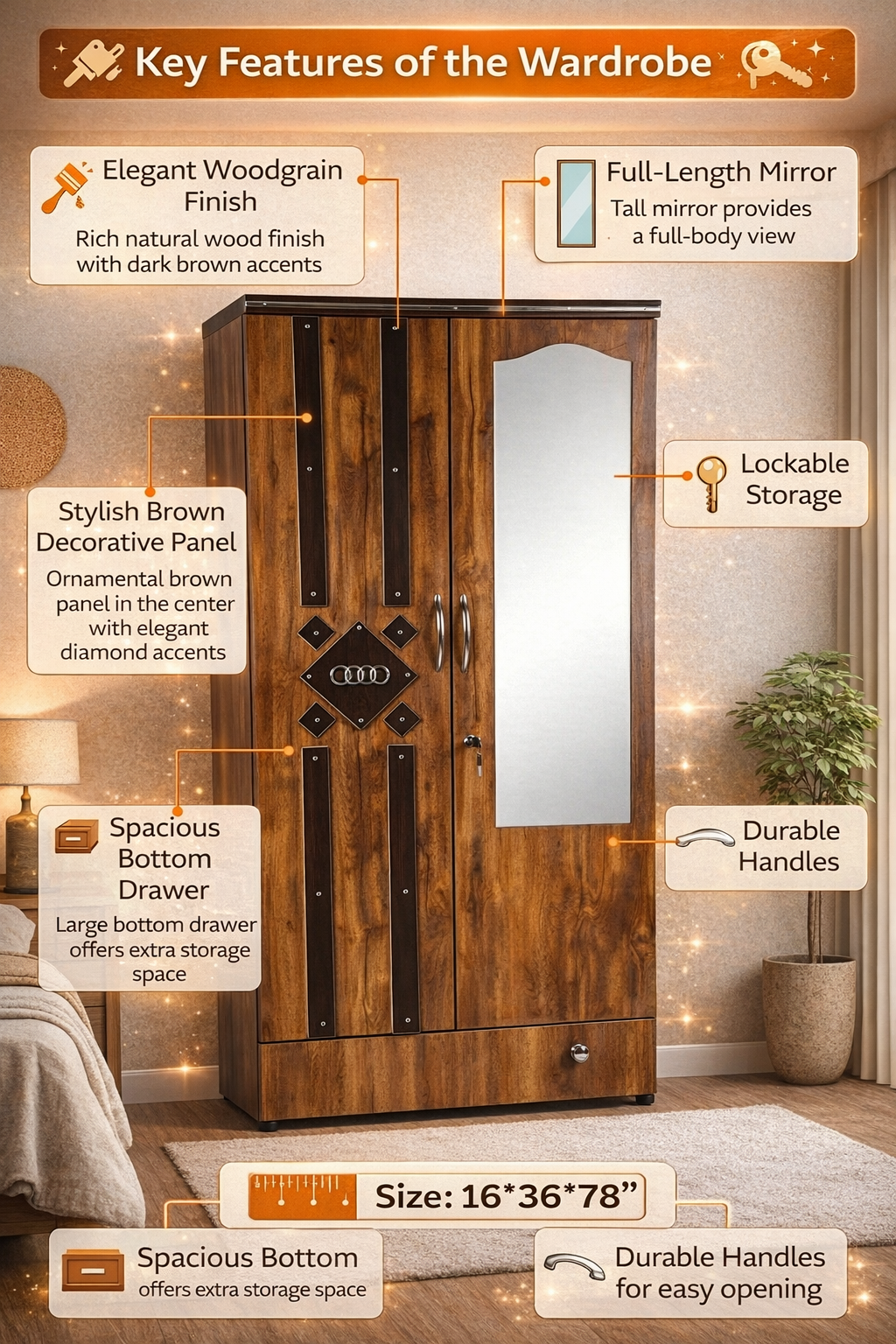 Wooden 2 Door Wardrobe with Mirror | 16x36x78 Inch Almirah | Lockable Storage Cupboard with Drawer
