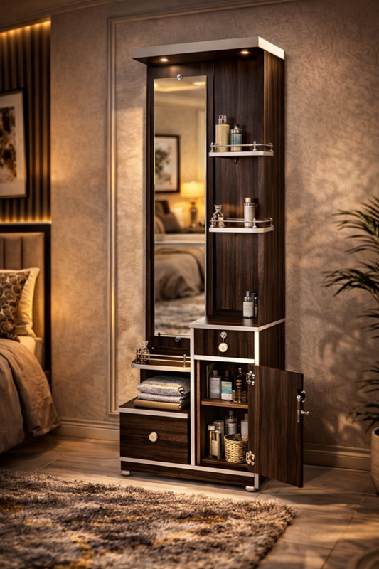 Modern Round Dressing Table with Mirror & Storage | Space Saving Corner Vanity Table with Shelves & Cabinet